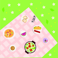 Picnic in nature with food and laptop, vector illustration