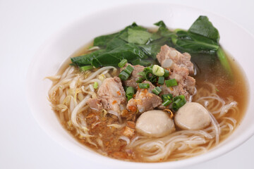 Local Thai food , Noodle with meat ball and pork isolated in white background