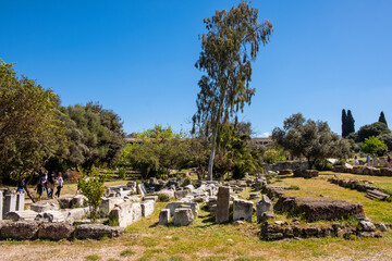 Fototapeta na wymiar Panoramic view of ancient Athenian Agora archeological area with ruins of Metroon, Temple of Ares, Odeon of Agrippa and Gymnasium in Athens, Greece
