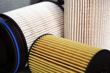 Group of new quality filters close-up. Auto parts, car service, repair.