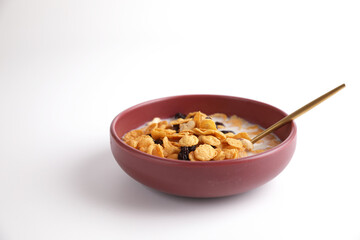 Cereal dessert with corn oat and dry fruits isolated in white background