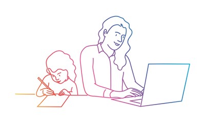 Mother and daughter at the table. Girl is drawing. Woman is using a laptop. Rainbow colours in linear vector illustration.