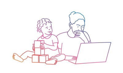 Mother and daughter at the table. Child with cubes. Woman is using a laptop. Rainbow colours in linear vector illustr