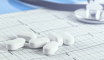 Medical background. white capsule tablets pills on heart cardio recording. Cardio ECG heart rhythm. Healthcare pharmacy, medicine concept banner. copy space. Painkillers or prescription drugs