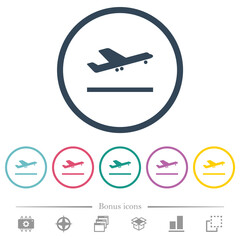 Airplane take off flat color icons in round outlines