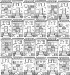 Houses in Brooklyn style pattern. Old house. Vector illustration. Illustration of a city landscape with town houses. Illustration of a city landscape with town houses. Brooklyn street view.