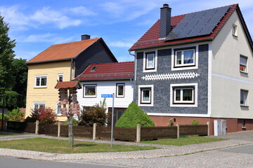 typical slated facades of old houses in thuringia in Germany