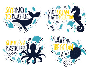 Save the Ocean. Ecology stickers collection, lettering.Say No to plastic, Stop Ocean Pollution,Plastic Free sea. Sea animals - Whale, Octopus, Sea horse.  Plastic waste ocean, no to single use plastic © Alina Mosinyan