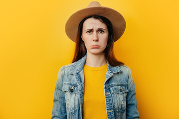 Upset young woman in hat purses lower lip, pouting and has displeased look, looks sadly at camera, wears denim jacket, poses against yellow studio background. People, negative face expressions concept