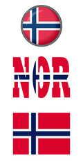 Set of icons of the Norwegian flag on a white background. Vector image: flag of Norway, the button and the abbreviation. You can use it to create a website, print brochures or a travel guide.