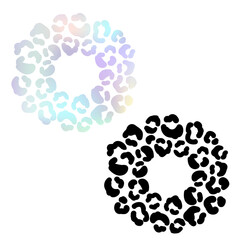 Leopard stains round frame ornament. Black and holographic circle border.