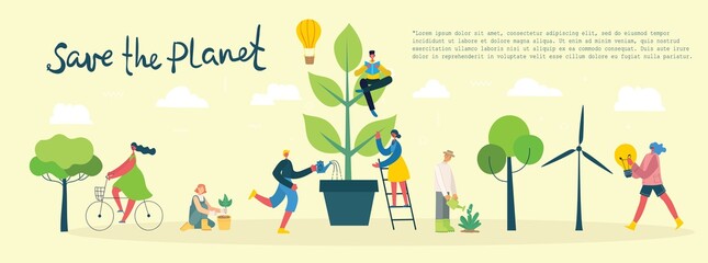 Set of eco save environment pictures. People taking care of planet collage. Zero waste, think green, save the planet, our home hand written text in the modern flat design © virinaflora