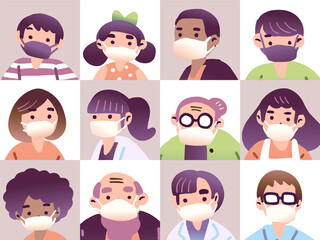Coronavirus, COVID-19. Group of people in various ethnic group and age with white and black face mask. Vector cartoon illustration
