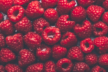 Close up image of fresh raspberries, summer concept, background image from above, food flatlay