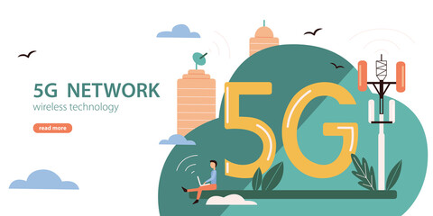 Naklejka premium Concept for 5G website wireless technology. Flat illustration with a tiny character, an Internet tower, buildings, an Internet signal and 5G capital letters. For website or application design.