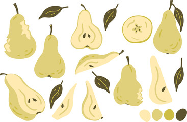Pear, pear slice, half of pear, bitten pear clipart set hand drawn childish flat style isolated on white background.