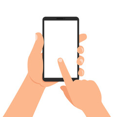 One hand holds a smartphone and the other touches the screen. Vector illustration.