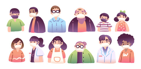 Coronavirus, COVID-19. Group of people in various ethnic group and age with white and black face mask. Vector cartoon illustration