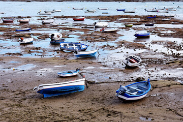 fishing boats in the bay of Cadiz capital. Andalusia. Spain. Europe.
