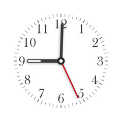 Clock face with shadow on white background. Clock hands. Part of an analog clock or watch.