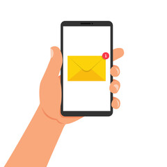 Hand holding mobile phone with new email icon. New incoming message on screen smartphone flat style. Chat message notifications. Chatting, sms concept and communication. Vector illustration.