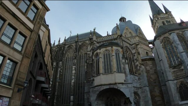 DOLLY SHOT - Aachen Cathedral is a Roman Catholic church in Aachen, Germany and the see of the Roman Catholic Diocese of Aachen. It was constructed by order of the emperor Charlemagne.