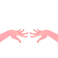 Two hands with painted nails. Manicure on nails, red bright nail polish, female graceful hands, keep in front of you. Fingers spread out. Vector illustration, flat cartoon design, eps 10.