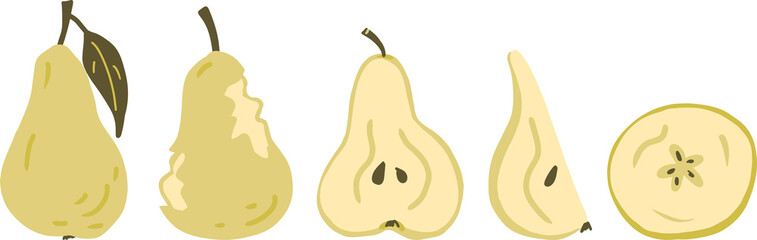Pear, pear slice, half of pear, bitten pear vector clipart set hand drawn childish flat style isolated on white background.
