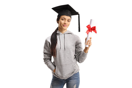 Cute Female Student With A Graduation Hat Holding A Diploma