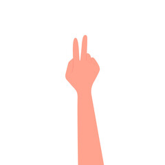 Hand gesture, two fingers up, peace. Vector illustration, flat cartoon design, color, eps 10. Concept: gesticulation, decoration, by myself, score, two.