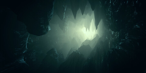light in dark cave with stalactites 3d illustration - obrazy, fototapety, plakaty