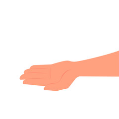 Hand, side view, palm up, isolated on a white background. Vector illustration, flat cartoon design, eps 10.