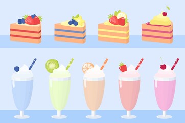 Set of delicious milkshakes in glasses with straws, fruits, berries, whipped cream ad cakes with fruits. Vector illustration in flat style.