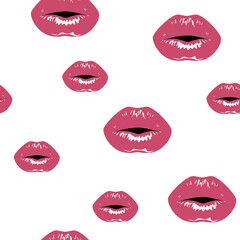 Red lips prints with gloss. Vector seamless background.
