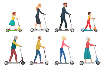 Fototapeta na wymiar People on electric scooter set flat vector illustration. Male and female cartoon character riding ecologically clean urban vehicle. Family in formal, casual clothes using modern personal transporter