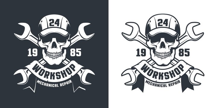 Skull and adjustable wrench - Repair car service vintage logo . Auto Mechanical workshop retro tattoo - skeleton handyman in cap and tools. Vector illustration.