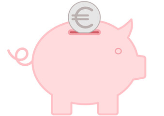 Pink ring-tailed piggy bank with a euro coin shows pocket money, european savings, regular income, poverty and financial wealth in times of crisis as well as investment banking for the future