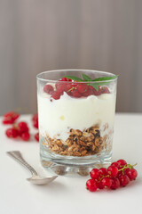 Light summer breakfast parfait with granola, vegan greek yogurt, redcurrant berries and garnished with basil leaves. Light and airy aesthetic