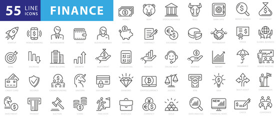 Vector business and finance editable stroke line icon set with money, bank, check, law, auction, exchance, payment, wallet, deposit, piggy, calculator, web and more isolated outline thin symbol - obrazy, fototapety, plakaty