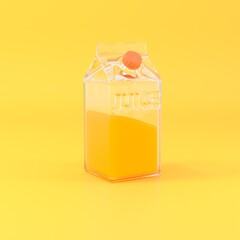 3D rendering cartoon Orange juice package background in glass botte isolated on orange background. Drink and freshness beverage concept. Sweet fruits, package design. 3d mock-up.