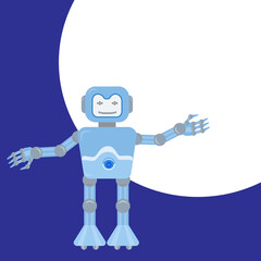 Obraz na płótnie Canvas Funny android robot shows a hand. New technologies concept. Place under the text, copy space. Vector illustration