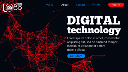 Digital technology landing page with plexus elements. Geometric design with lines, dots and triangles on dark background. Futuristic digital web design with UI UX elements. Colorful abstract