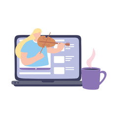 stay at home, girl playing fiddle online concert, self isolation, activities in quarantine for coronavirus
