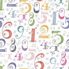 Colorful Numbers seamless pattern. Hand drawn cartoon doodle ornamental Numbers. Mathematical background for kids.
