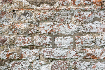 Close up of a very worn and weathered white washed brick wall