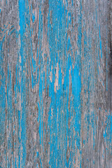 Close-up of weathered and worn wooden panel with blue flaking paint