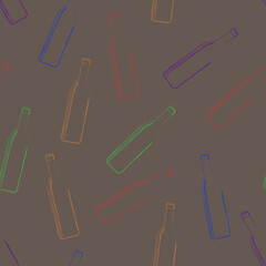 Vector seamless pattern of colorful bottles on a brown background.