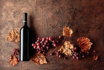 Bottle of red wine with ripe grapes and dried up vine leaves. Old copper background. © Igor Normann