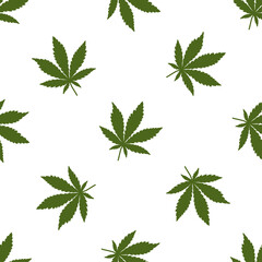 Seamless pattern of green cannabis leaves on a white background.