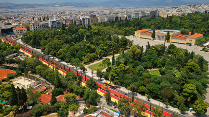 Aerial drone photo of new renovated Vasilissis Olgas avenue pedestrian walk way part of new long walk of Athens centre in front of historical Zappeion hall, Attica, Greece